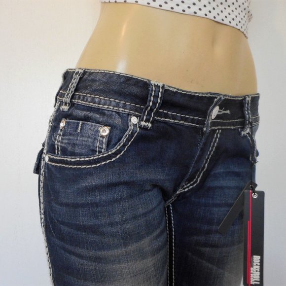 New Rock & Roll Cowgirl Jeans Size 29 Dark Blue Low Rise Boot Cut Denim - Picture 4 of 13